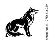 A black and white illustration of a wolf sitting and looking up with detailed fur texture and shading