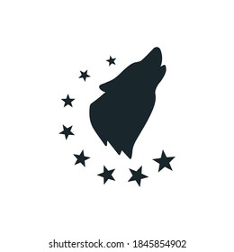 Black and white illustration of a wolf, stars on a white background. Vector illustration for logo, emblems, stickers. Logo on a sports theme.