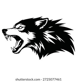 Una ilustración en blanco y negro de la cabeza de un lobo en una posición gruñona, mostrando dientes afilados y una expresión feroz, sobre un fondo blanco puro con líneas audaces y sombreado