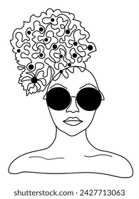 Black and White Illustration of Woman with Afro Hairstyle and Sunglasses	
