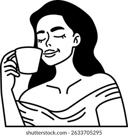 black and white illustration a woman is drinking a cup of coffee