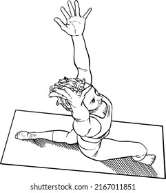 Black and white illustration of woman in gymnastic pose with raised arms. Top  view. Female sport concept.