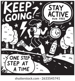 Black and white illustration of a woman jogging with motivational text and symbols.