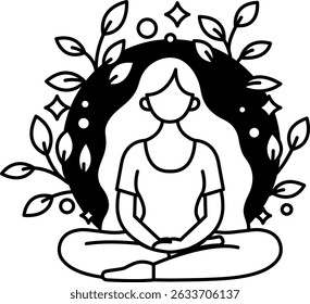 black and white illustration a woman is meditating peacefully