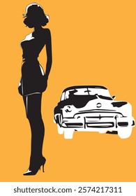 black and white illustration of a woman next to a vintage car. high heel shoes. Orange background. The car is a classic model with an elegant design. The silhouette is simple and minimalistic.