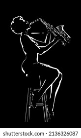 Black And White Illustration Of Woman Playing Saxophone, Sitting On A Stool