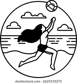 black and white illustration of a woman playing beach volleyball