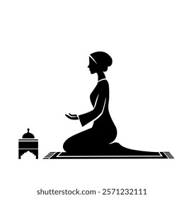 A black and white illustration of a woman in prayer on a mat with a mosque in the background, symbolizing Islamic faith, spirituality, and worship.