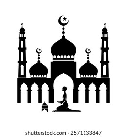 A black and white illustration of a woman praying on a mat in front of a grand mosque, featuring crescent moons and stars, symbolizing Islamic faith and worship.