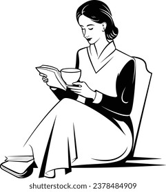 Black White Illustration of a Woman Reading book and drinking coffee