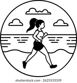 black and white illustration of a woman running on the beach