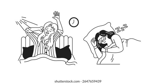 Ilustração em preto e branco de uma mulher que se estende alegremente na cama enquanto outra dorme pacificamente com uma máscara de olho. Cena de quarto simples retratando diferentes fases do sono.