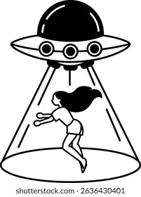 black and white illustration of a woman and a ufo