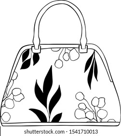 black and white illustration of a woman's bag with a floral pattern, vector