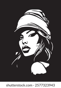 black and white illustration of a woman's face.  hat with brim.  The hair is wavy and falls to the shoulders.  The background is black, in the center is a woman. Minimalistic illustration.