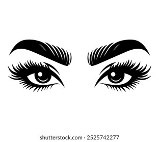 Ilustração em preto e branco dos olhos e sobrancelhas das mulheres. Um rosto de mulher. Lindos olhos de mulher. Indústria da beleza. Salão de Beleza. Extensões de cílios, tatuagem de sobrancelha.