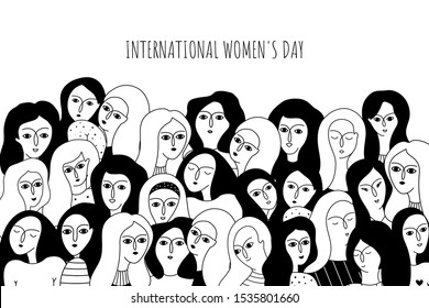 Black and white illustration with women faces. International women's day. Sisterhood. Feminism. Vector 