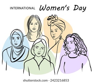 Black and white illustration with women faces. International women's day.