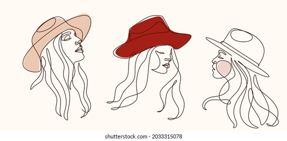 Black and white illustration of women in hats . Minimalist portrait of female with abstract pastel shape for a logo, emblem or web banner. Beauty boho modern illustration