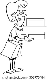 Black and white illustration of a women shopper holding packages.