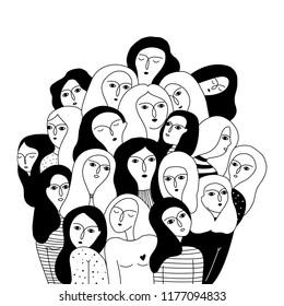 Black and white illustration with women's faces. International Women's Day. Feminism. Volunteering. Friendship day.  Vector templates for card, poster and flyer.