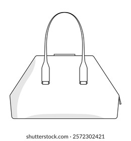 Black and white illustration of a women's handbag with hand straps, a zipper and metallic clasp detail. A sophisticated look flat-style graphic perfect for logo, label, decoration, packaging, branding