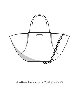 Black and white illustration of a women's handbag with pleats, hand straps, and a chunky shoulder chain. A sophisticated flat-style graphic, perfect for logos, labels, packaging, and branding