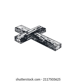 Black and white illustration of a wooden cross on a white background. Design element for emblem, print, poster, pattern. Vector illustration with grunge texture. Religious symbolism.