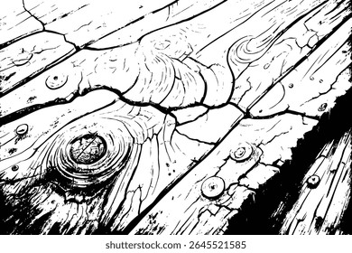  black and white illustration of wooden planks on cracked ground with small grass tufts growing.
