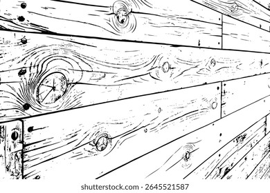  black and white illustration of wooden planks on cracked ground with small grass tufts growing.