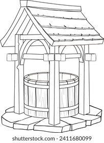 Black and white illustration of a wooden well.