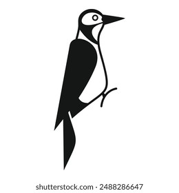 Black and white illustration of a woodpecker bird with a long beak perching on a branch