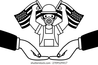 Ilustración en blanco y negro de Worker levantando las manos frente a la bandera estadounidense 