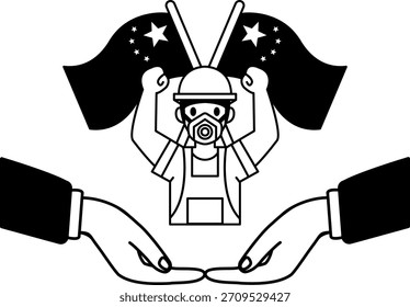 black and white illustration of Worker raise their hands in front of the Chinese flag 