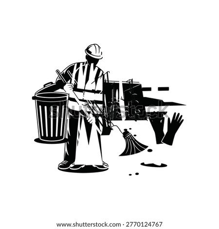 A black and white illustration of a worker sweeping debris with a broom