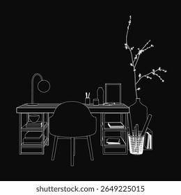 A black and white illustration of a workplace desk featuring a chair, lamp, flower vase, and stacked books against a dark background. The composition highlights a clean.