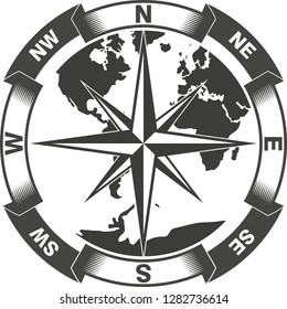 Black and white illustration of a world map banner and a star with sides of the world