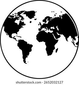 Uma ilustração em preto e branco de um mapa de mundo dentro de um círculo. Os continentes aparecem em preto sobre um fundo branco, criando um design gráfico simples.