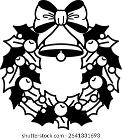 black and white illustration of a wreath with a bell