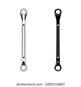 Black and white illustration of wrench vector icon. Mechanical tool collections.
