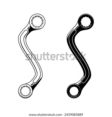 Black and white illustration of wrench vector icon. Mechanical tool collections.
