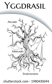 black and white illustration of Yggdrasil world tree from scandinavian mythology