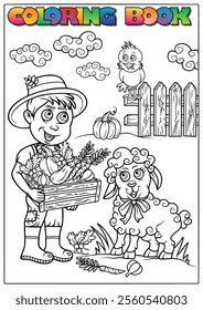 Black and white illustration of a young farmer carrying a crate full of fresh vegetables, with a cute lamb by his side, in a farm setting, designed as a coloring book page.