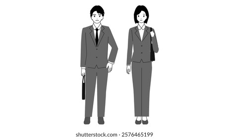 Black and white illustration of a young man and woman standing in business suits, full body