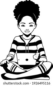 Black and white illustration of a young black woman sits cross legged reading a table computer.