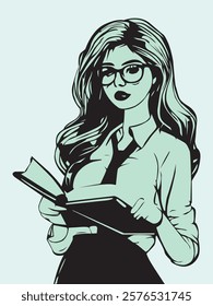 black and white illustration of a young woman who looks like a teacher with long wavy hair and glasses.  she holds a book in her hands. A woman with a serious expression on her face. 