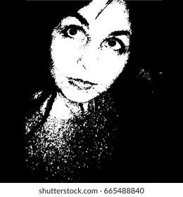Black and white illustration of a young woman. Etching style. Dark background.