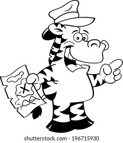 Black and white illustration of a zebra holding a map and pointing.