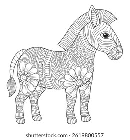 Ilustração em preto e branco de uma zebra com intrincados padrões florais e geométricos, ideal para livros de colorir.