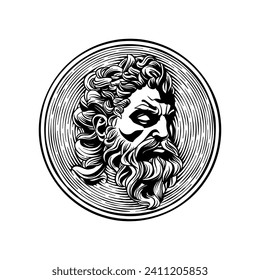 Black and white illustration of Zeus coin
